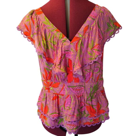 Rose & Olive Colorful Floral Sleeveless Lace and Ruffles Petalum Blouse Size 6 - Picture 2 of 8